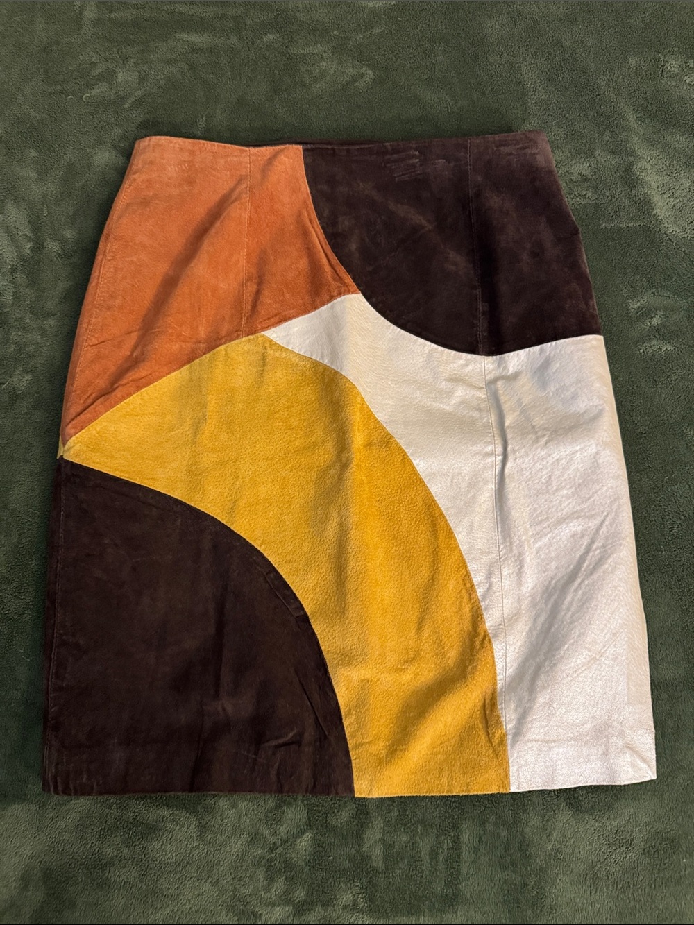 Leather Colorblock Suede Pencil Skirt in Brown, Mustard, Cream, and Rust